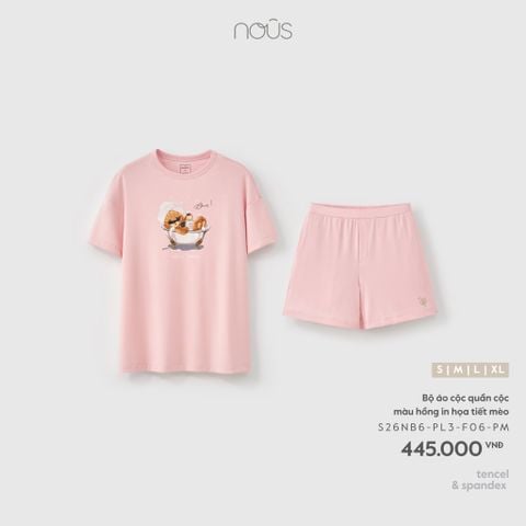  Bộ áo cộc quần cộc màu hồng in họa tiết mèo 
