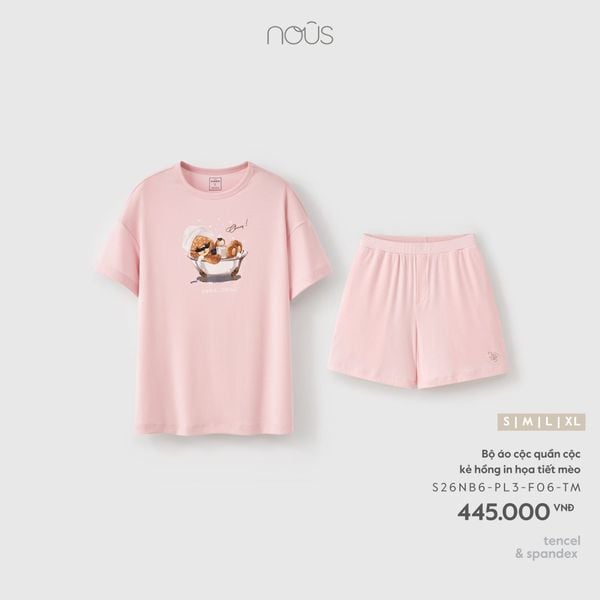  Bộ áo cộc quần cộc kẻ hồng in họa tiết mèo 