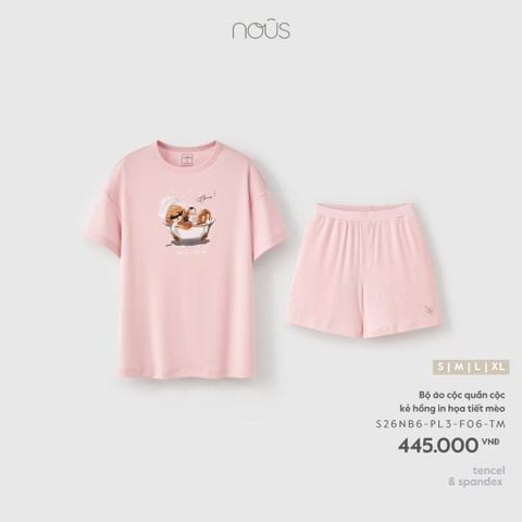  Bộ áo cộc quần cộc kẻ hồng in họa tiết mèo 
