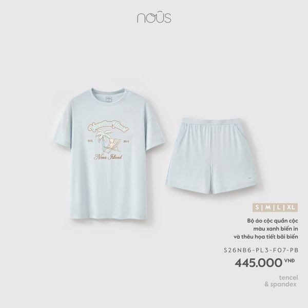  Bộ áo cộc quần cộc màu xanh biển in và thêu họa tiết bãi biển 