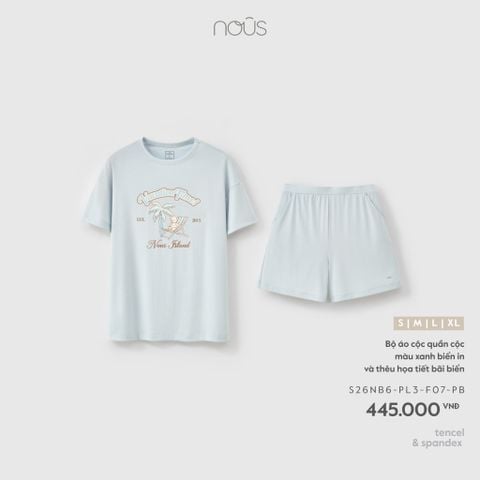  Bộ áo cộc quần cộc màu xanh biển in và thêu họa tiết bãi biển 