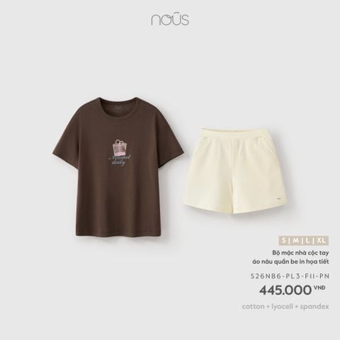  Bộ mặc nhà cộc tay áo nâu quần be in họa tiết F11 