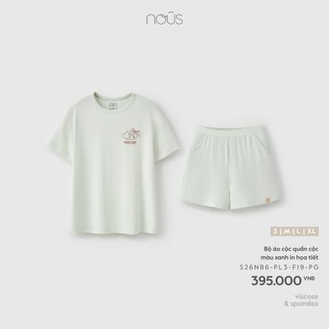  Bộ áo cộc quần cộc màu xanh in họa tiết 
