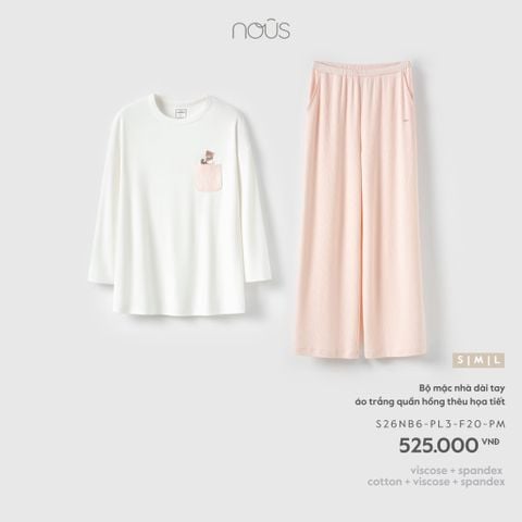  Bộ mặc nhà dài tay áo trắng quần hồng thêu họa tiết F20 