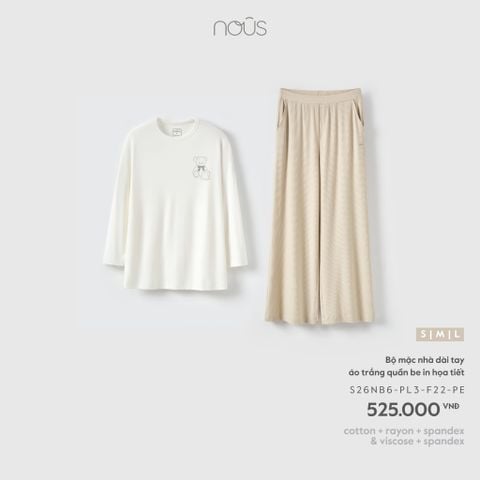  Bộ mặc nhà dài tay áo trắng quần be in họa tiết F22 
