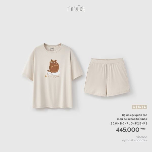  Bộ áo cộc quần cộc màu be in họa tiết mèo 