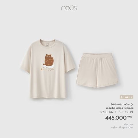  Bộ áo cộc quần cộc màu be in họa tiết mèo 