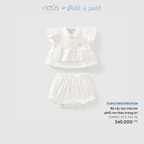  Bộ cộc tay màu be phối ren thêu trang trí 