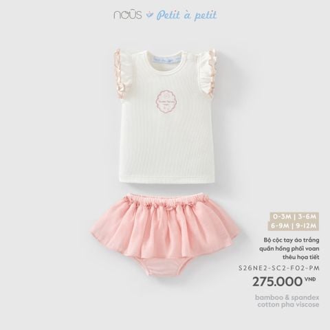 Bộ cộc tay áo trắng quần hồng phối voan thêu họa tiết 