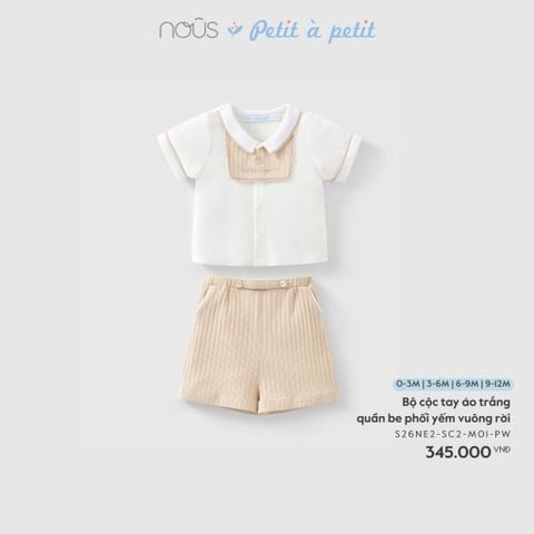  Bộ cộc tay áo trắng quần be phối yếm vuông rời 