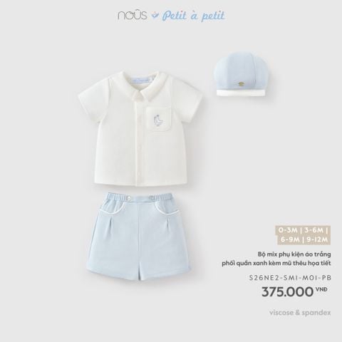  Bộ mix phụ kiện áo trắng phối quần xanh kèm mũ thêu họa tiết M01 