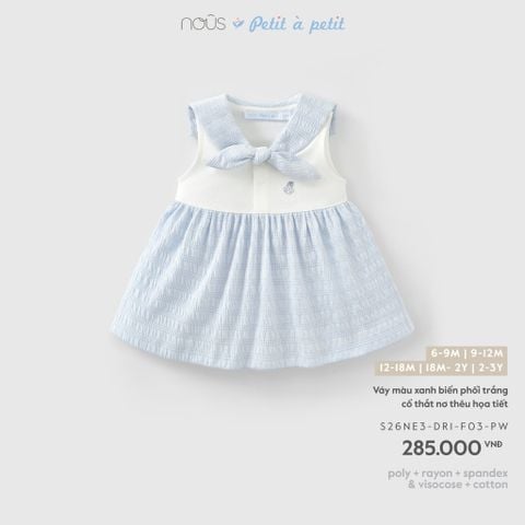 Váy màu xanh biển phối trắng cổ thắt nơ thêu họa tiết F03 