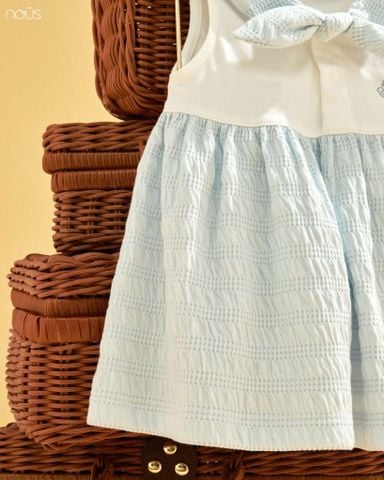  Váy màu xanh biển phối trắng cổ thắt nơ thêu họa tiết F03 