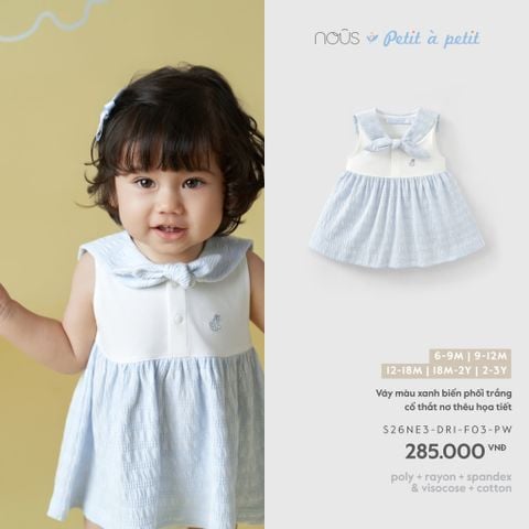  Váy màu xanh biển phối trắng cổ thắt nơ thêu họa tiết F03 