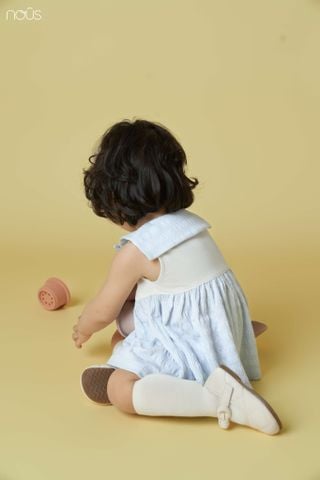  Váy màu xanh biển phối trắng cổ thắt nơ thêu họa tiết F03 