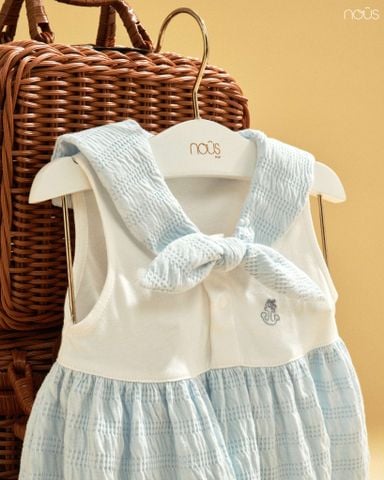  Váy màu xanh biển phối trắng cổ thắt nơ thêu họa tiết F03 