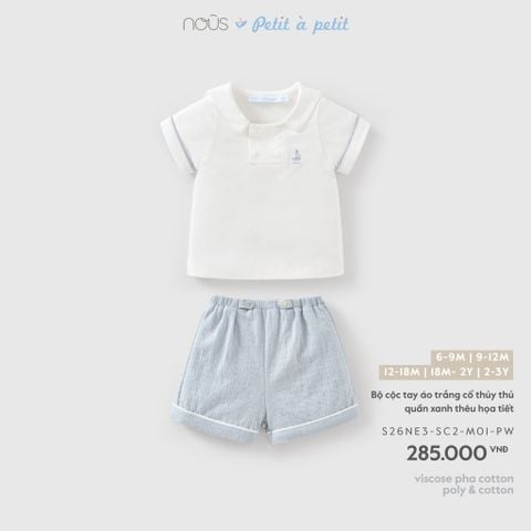  Bộ cộc tay áo trắng cổ thủy thu quần xanh thêu họa tiết 