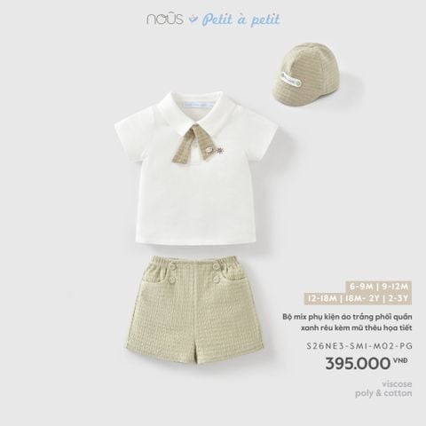  Bộ mix phụ kiện áo trắng phối quần xanh rêu kèm mũ thêu họa tiết 