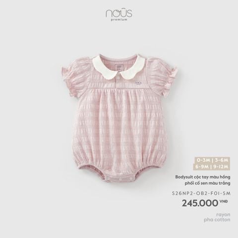  Bodysuit cộc tay màu hồng phối cổ sen màu trắng 