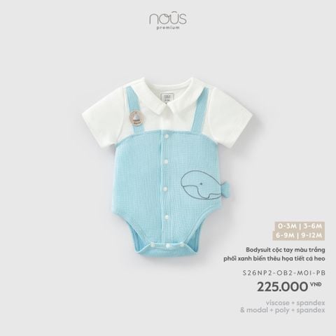 Bodysuit cộc tay màu trắng phối xanh biển thêu họa tiết cá heo M01 