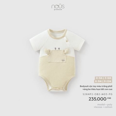  Bodysuit cộc tay màu trắng phối vàng be thêu họa tiết con cua 