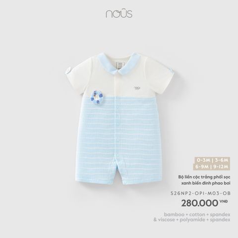  Bộ liền cộc trắng phối sọc xanh biển đính phao bơi 