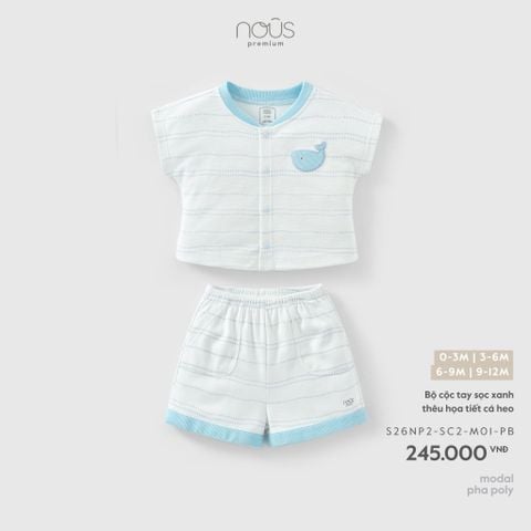  Bộ cộc tay sọc xanh thêu họa tiết cá heo 