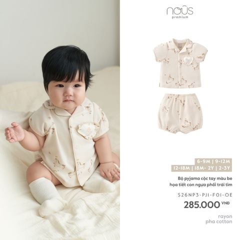  Bộ pyjama cộc tay màu be họa tiết con ngựa phối trái tim 