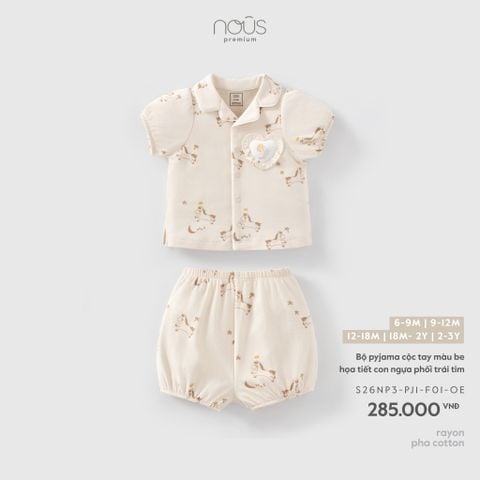  Bộ pyjama cộc tay màu be họa tiết con ngựa phối trái tim 