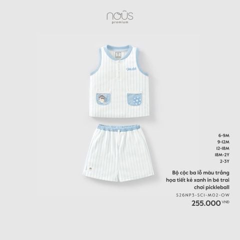  Bộ cộc ba lỗ màu trắng họa tiết kẻ xanh in bé trai chơi pickleball 