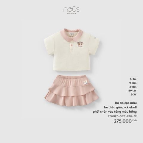  Bộ áo cộc màu be thêu gấu pickleball phối chân váy tầng màu hồng 