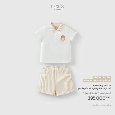  Bộ cộc tay màu be phối quần kẻ ngang thêu họa tiết M04 