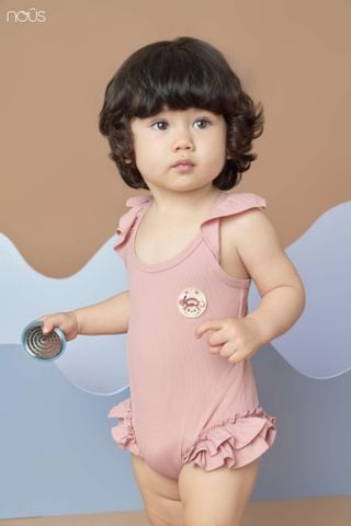  Bộ bơi liền cộc màu hồng đất thêu họa tiết 