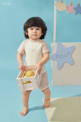  Bộ cộc tay màu hồng đất phối be in họa tiết 