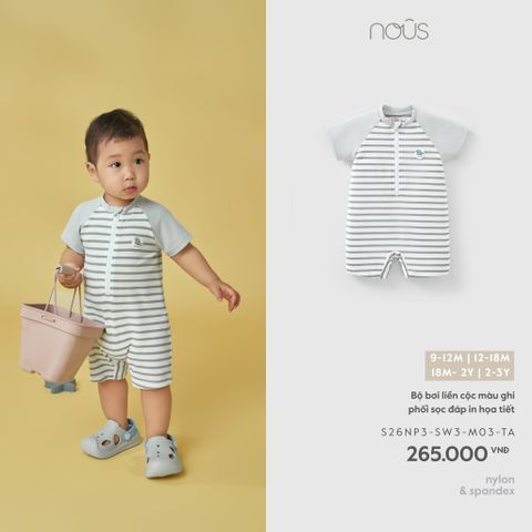  Bộ bơi liền cộc màu ghi phối sọc đáp in họa tiết 