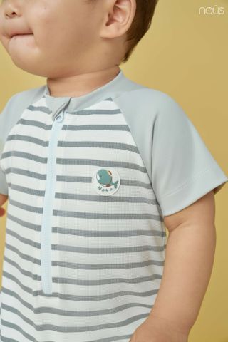  Bộ bơi liền cộc màu ghi phối sọc đáp in họa tiết 