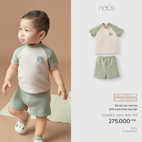  Bộ cộc tay màu be phối xanh thêu họa tiết 