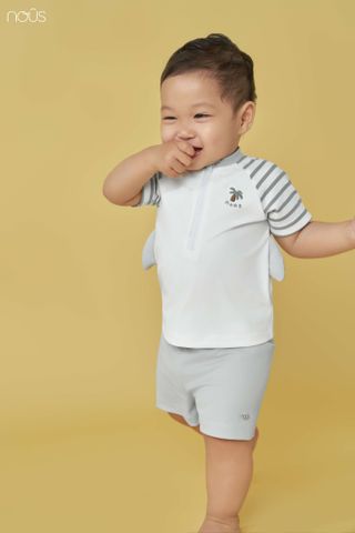  Bộ cộc tay màu trắng phối sọc xanh in họa tiết 