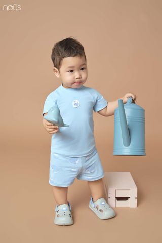  Bộ cộc tay màu xanh biển in thêu họa tiết 