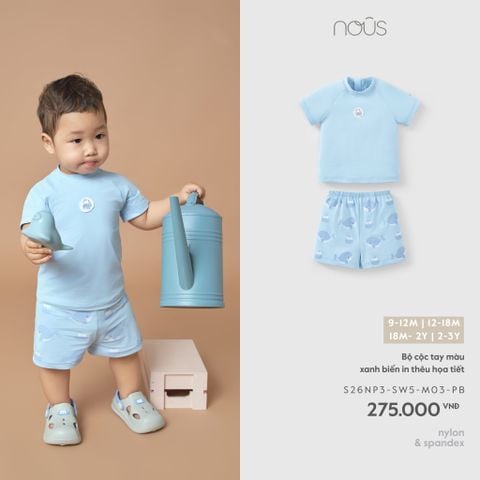  Bộ cộc tay màu xanh biển in thêu họa tiết 