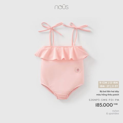  Bộ bơi liền hai dây màu hồng thêu patch 