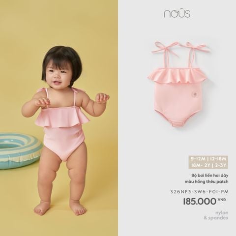  Bộ bơi liền hai dây màu hồng thêu patch 