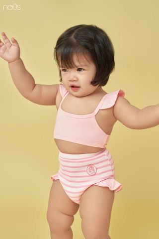  Bộ bơi hai dây màu hồng phối sọc thêu patch 