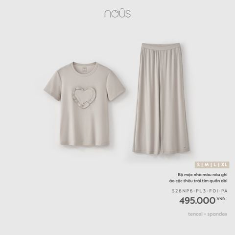 Bộ mặc nhà màu nâu ghi áo cộc thêu trái tim quần dài F01 