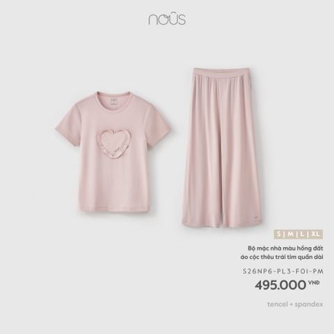  Bộ mặc nhà màu hồng đất áo cộc thêu trái tim quần dài F01 