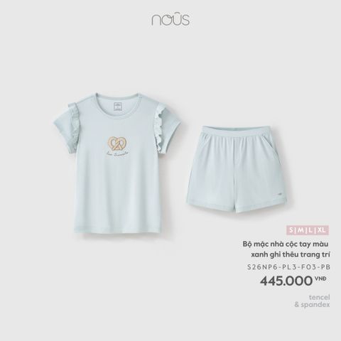  Bộ mặc nhà cộc tay màu xanh ghi thêu trang trí 