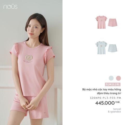  Bộ mặc nhà cộc tay màu hồng đậm thêu trang trí 