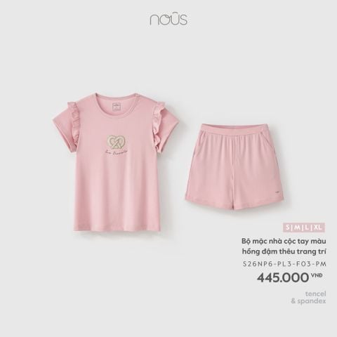  Bộ mặc nhà cộc tay màu hồng đậm thêu trang trí 