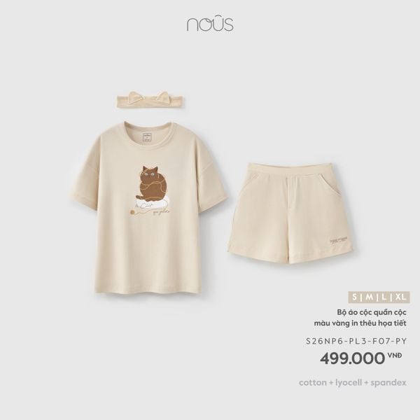  Bộ áo cộc quần cộc màu vàng in thêu họa tiết F07 