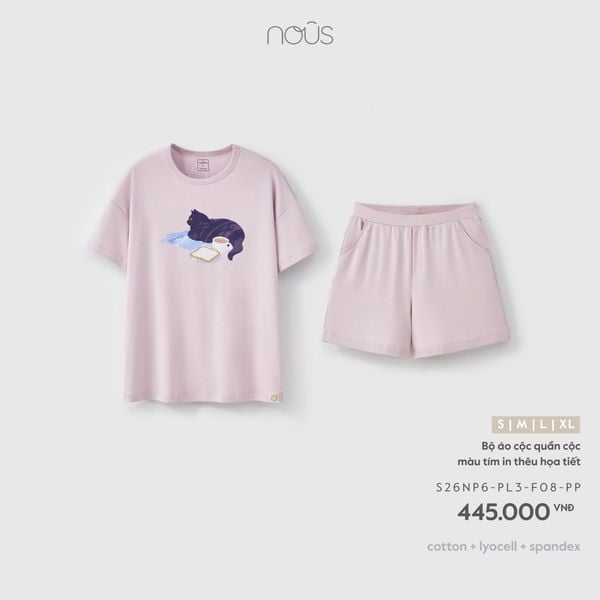  Bộ áo cộc quần cộc màu tím in thêu họa tiết F08 